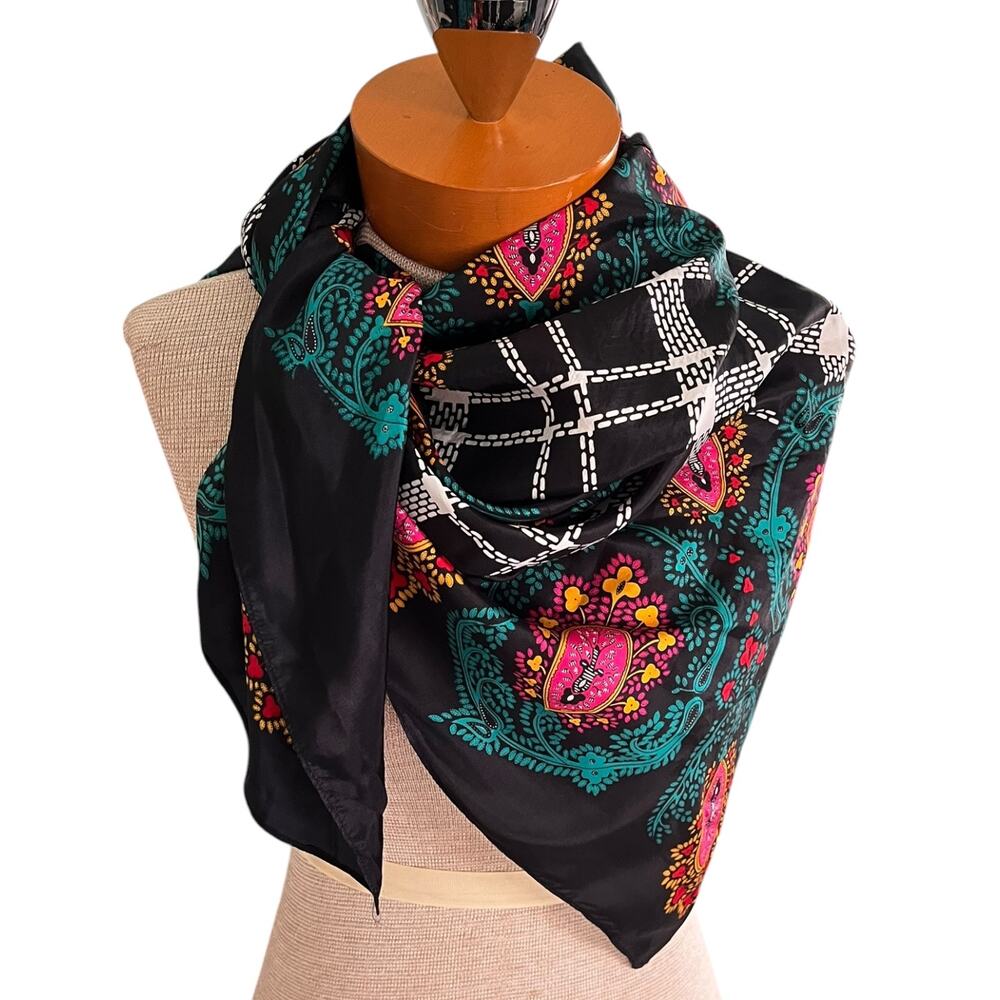 42" Vintage 80s Diane Von Furstenberg Silk Scarf Paisley Black Teal